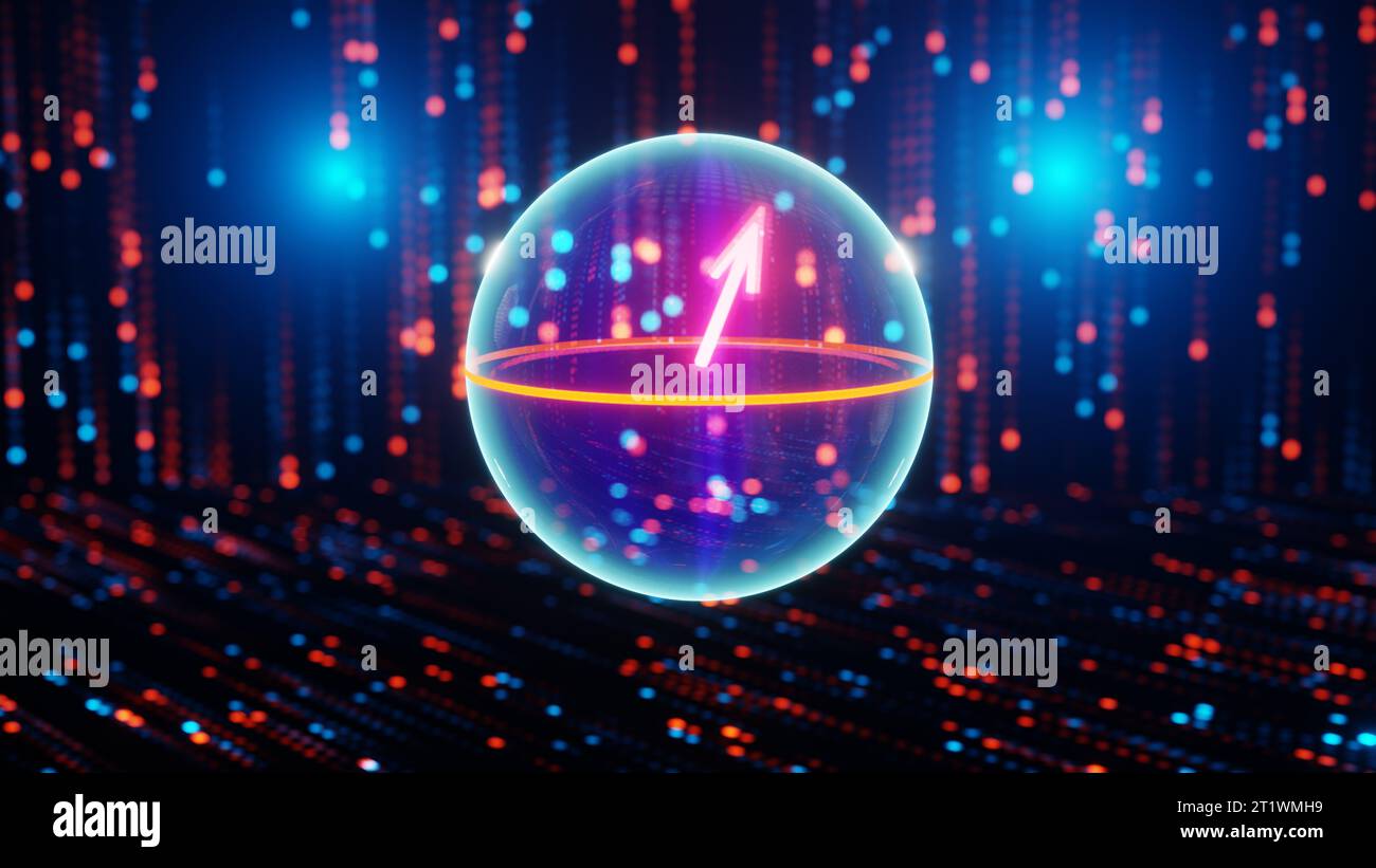 Qubit quantistico in stato di sovrapposizione, sfera di bloch, visualizzazione del concetto di coputing quantistico, illustrazione, rendering 3D. Foto Stock
