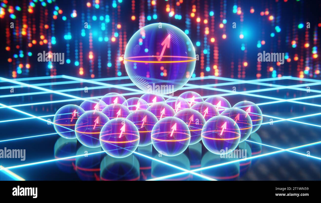 Qubit logico con protezione dagli errori rispetto a qubit standard, Superposizione, concetto di Qubit logico - rendering 3D. Foto Stock