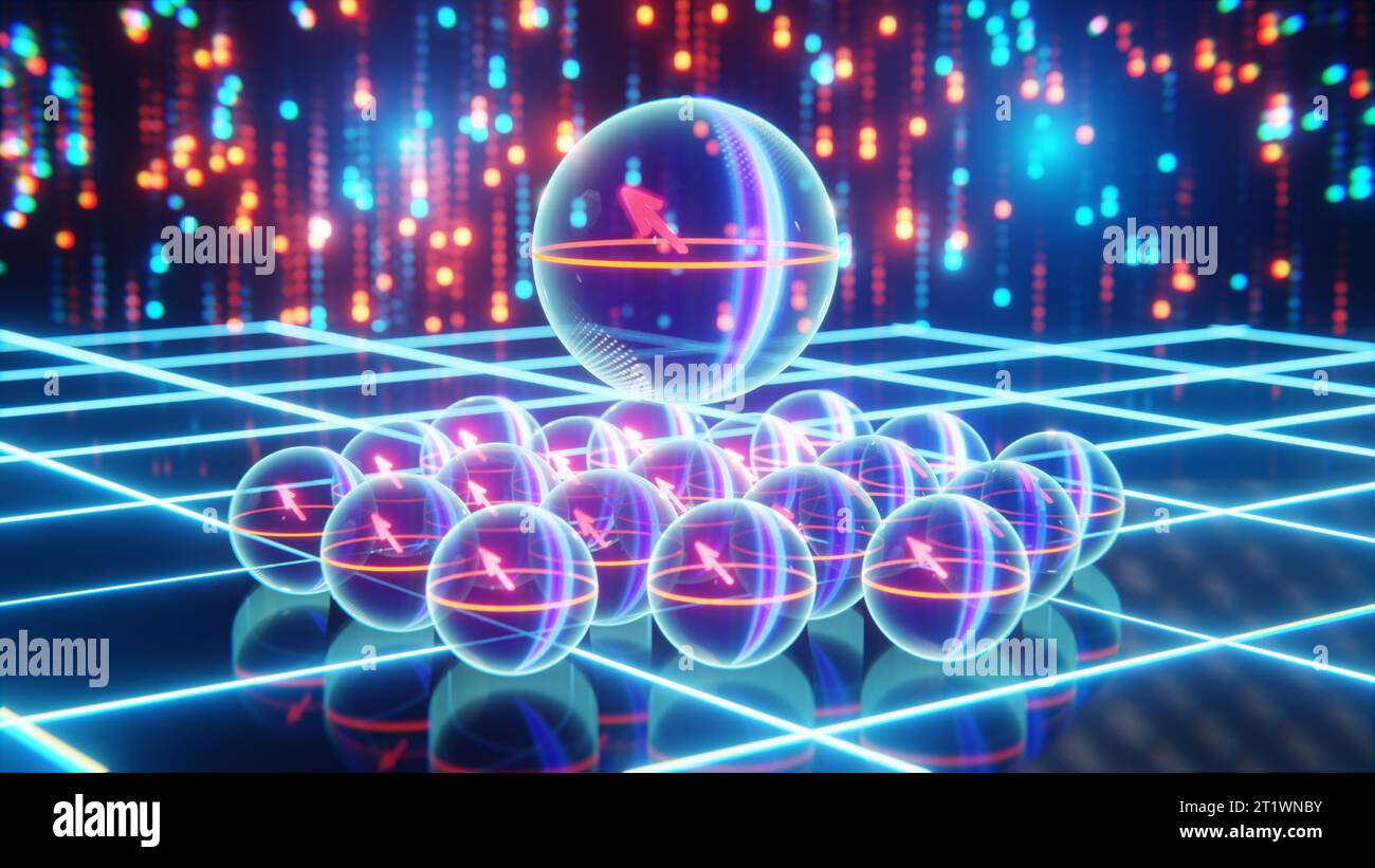 Qubit logico con protezione dagli errori rispetto a qubit standard, Superposizione, concetto di Qubit logico - rendering 3D. Foto Stock