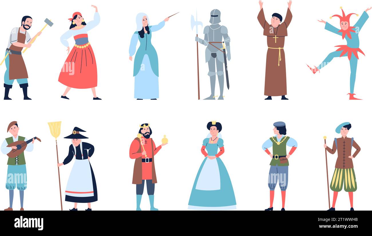 Personaggi da favola. Cittadini medievali del regno, regina e re, cavaliere in armatura. Strega magica, ballerini, attori e musicisti, set vettoriale recente Illustrazione Vettoriale