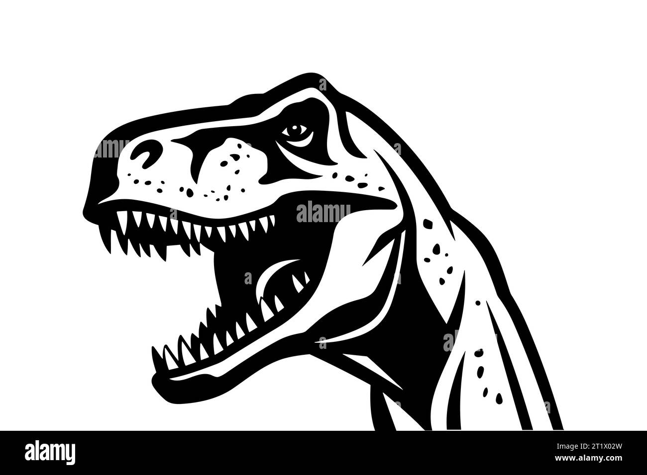 Icona della testa di Tyrannosaurus Rex Vector in bianco e nero, illustrazione della silhouette ritagliata, modello di progettazione per la stampa di magliette, tessuti, adesivi, opere d'arte, ecc. Illustrazione Vettoriale