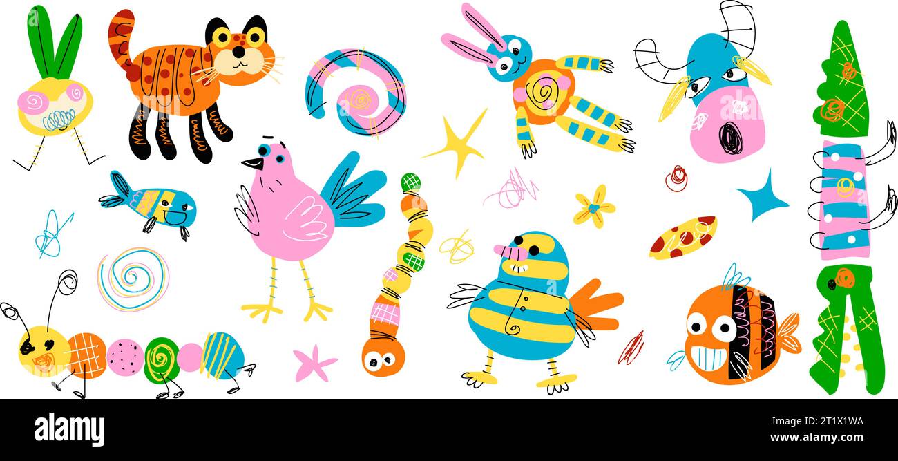 Stravaganti creature infantili. Brutti strani mostri di immaginazione da bambini, divertente creatura con occhi e gambe, spaventoso personaggio mascotte, elegante illustrazione vettoriale di mostro infantile strano Illustrazione Vettoriale