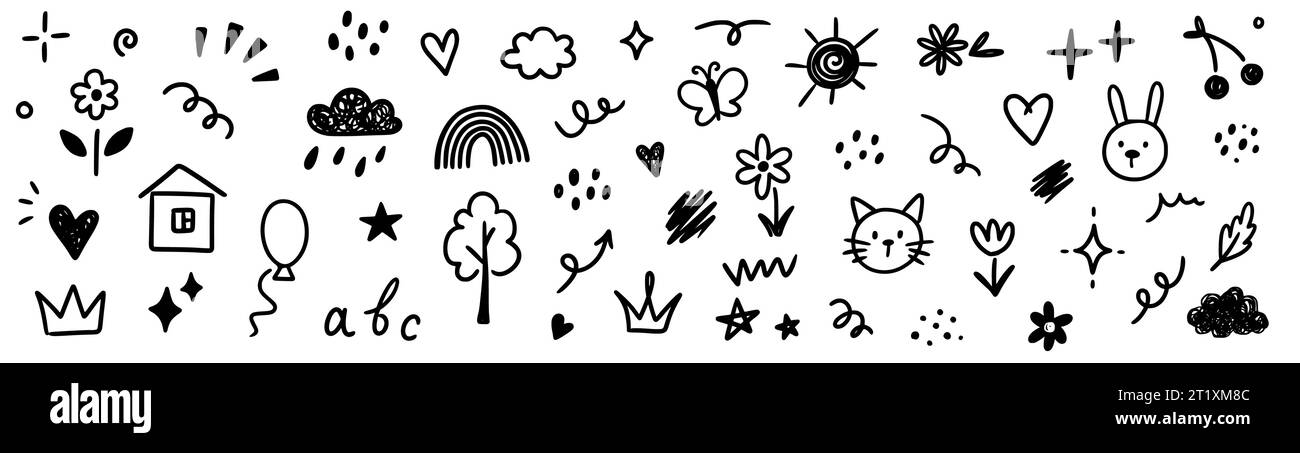 Icona bambino disegnata a mano schizzo elemento simpatico fiore, nuvola, palloncino. Set di elementi infantili per schizzo linea di scarabocchio. Fiori, cuore, nuvole i bambini disegnano elementi di design di stile sullo sfondo. Illustrazione vettoriale Illustrazione Vettoriale