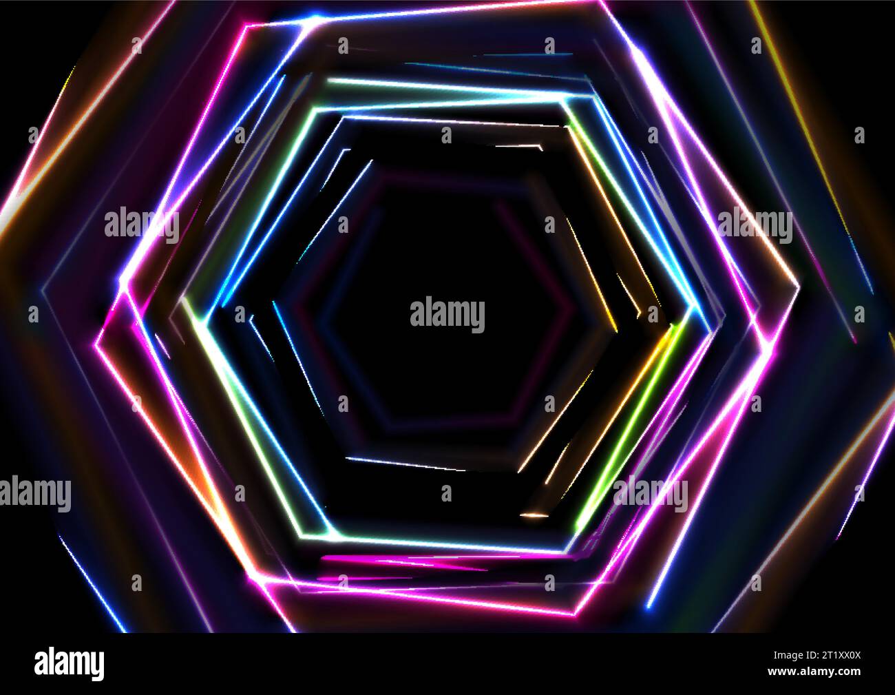 Coloratissimi esagoni tecnologici al neon con sfondo astratto. Progettazione vettoriale Illustrazione Vettoriale