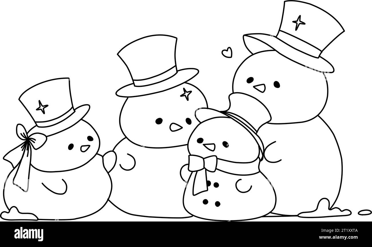 Simpatica e divertente famiglia di pupazzi di neve. Pagina da colorare per bambini.buon Natale da colorare Illustrazione Vettoriale