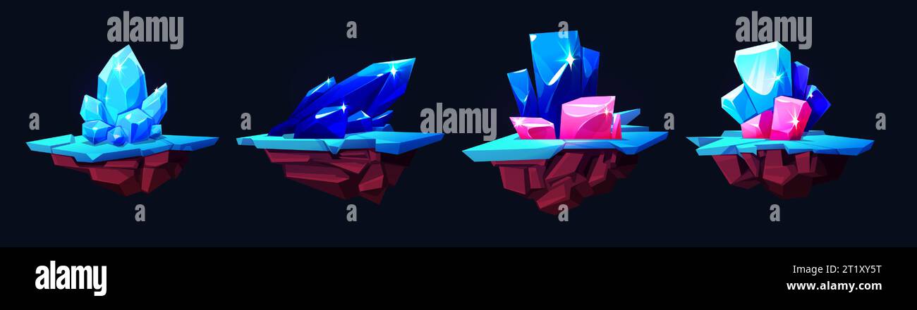 Set di isole di gioco volanti con pietre preziose isolate su sfondo nero. Illustrazione di cartoni animati vettoriali con pezzi di terra galleggianti con cristalli minerali blu e rosa, rocce ghiacciate su superficie ghiacciata, elementi ui Illustrazione Vettoriale
