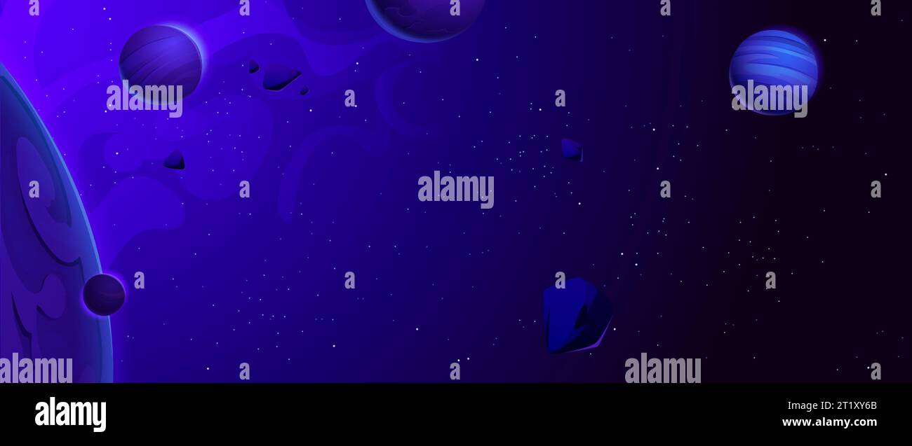 Sfondo spaziale con pianeti e asteroidi. Illustrazione di cartoni animati vettoriali con sfondo blu scuro per il design dell'interfaccia utente del gioco, oggetti cosmici alieni, stelle al neon e nebulosa, pietre cometarie che volano nella galassia Illustrazione Vettoriale