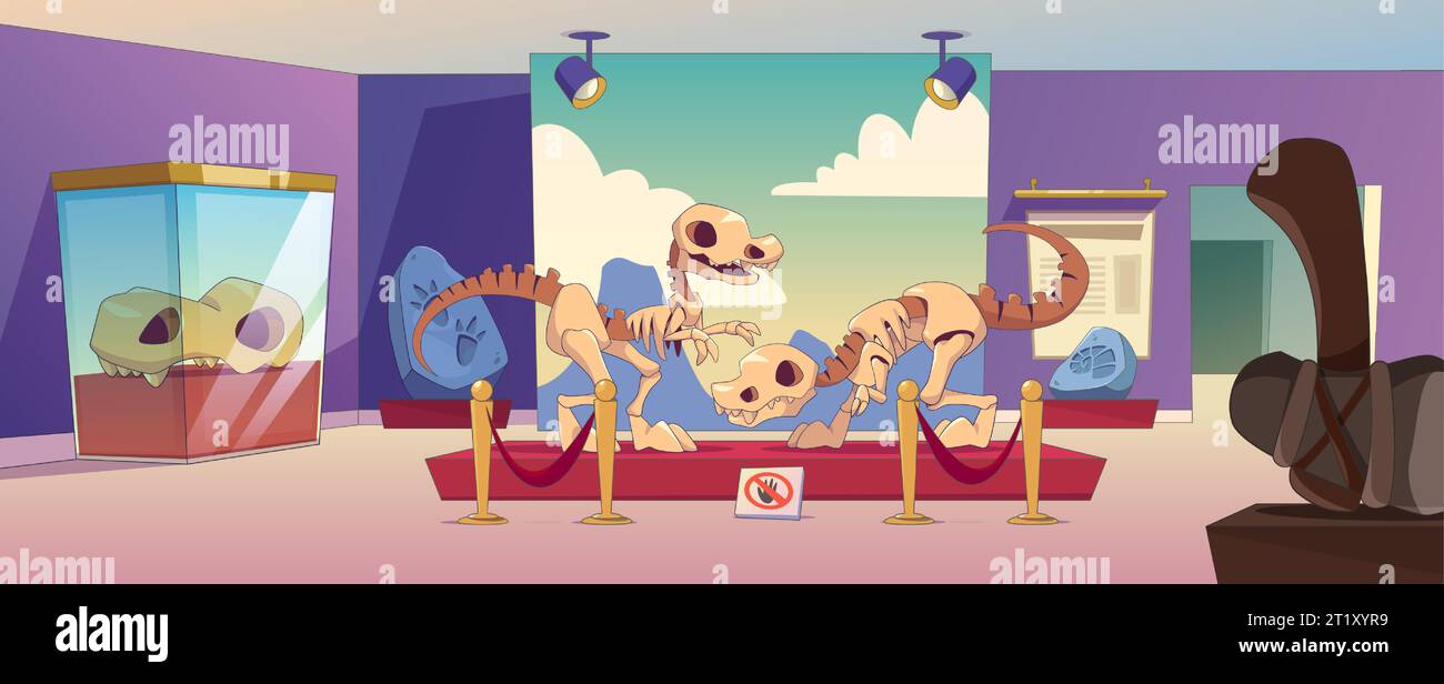 Scheletro di dinosauro e fossile nell'illustrazione vettoriale del museo di storia. Podio archeologico per ossa animali e pietra preistorica antica con impronta di tyrannosaurus. Galleria di Paleontologia: Mostra gli interni Illustrazione Vettoriale