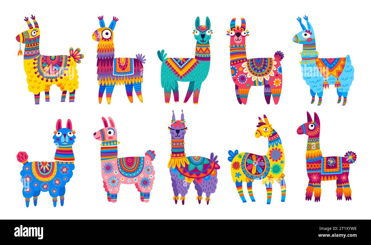Cartoni animati, lama e personaggi alpaca. Simpatici animali lama, Sud America, Perù o Messico animali selvatici o da fattoria individui vettori isolati che indossano coperte e selle con ornamenti etnici messicani Illustrazione Vettoriale