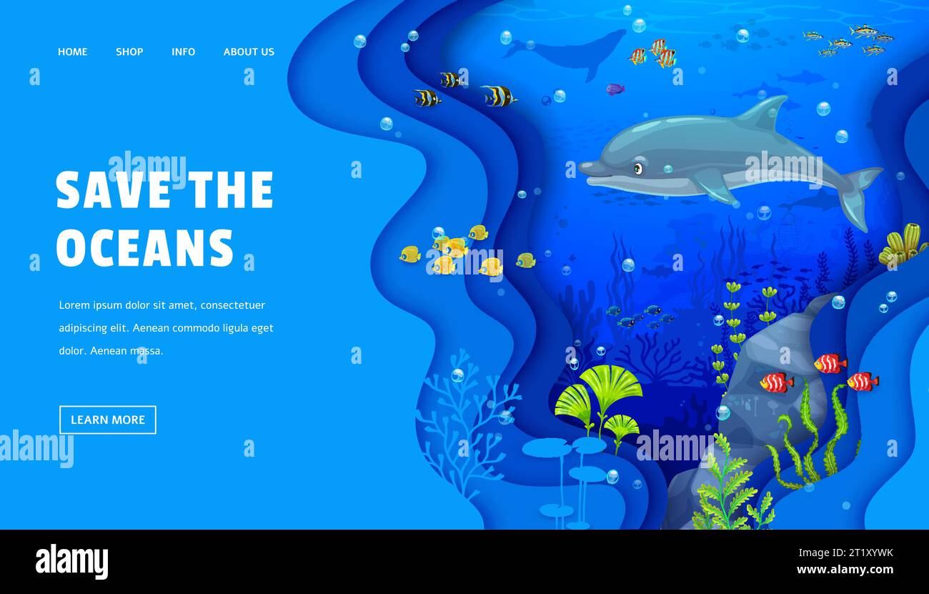 Landing page, paesaggio sottomarino tagliato di carta con delfini cartoni animati, banchi di pesci e alghe marine, sfondo del sito web vettoriale. Salva il modello della pagina di destinazione degli oceani con le balene della barriera corallina e gli animali dell'oceano Illustrazione Vettoriale