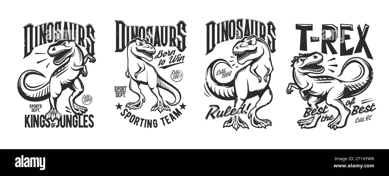 Tyrannosaurus rex, stampa t-rex con t-rex, tatuaggio. Modello vettoriale mascotte dino club sportivo con personaggi animati jurassic. Ruggenti personaggi dei dinosauri tyrannosaurus rex, mostri estinti Illustrazione Vettoriale