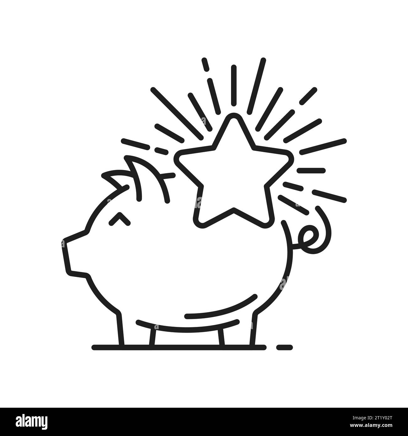 Banco maiale con icona a linea sottile isolata con stella bonus. Concetto Vector Save Moneybox, scatola per animali da maialino. Economia finanziaria e deposito, entrate bonus Illustrazione Vettoriale