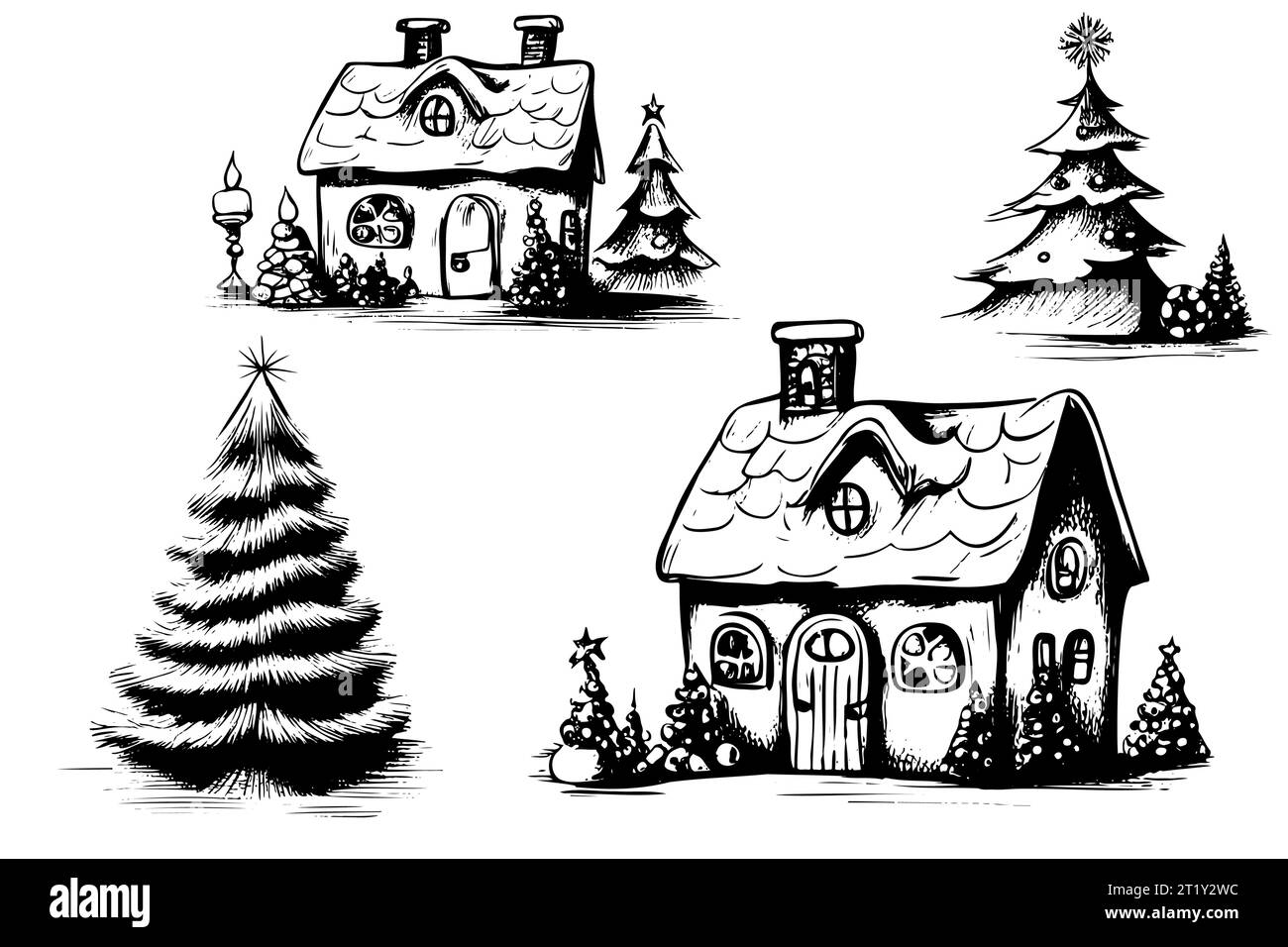 Set di schizzi a mano di elementi clipart natalizi. Graziosa illustrazione vettoriale disegnata a mano, caldi oggetti natalizi, albero di natale e casa Illustrazione Vettoriale