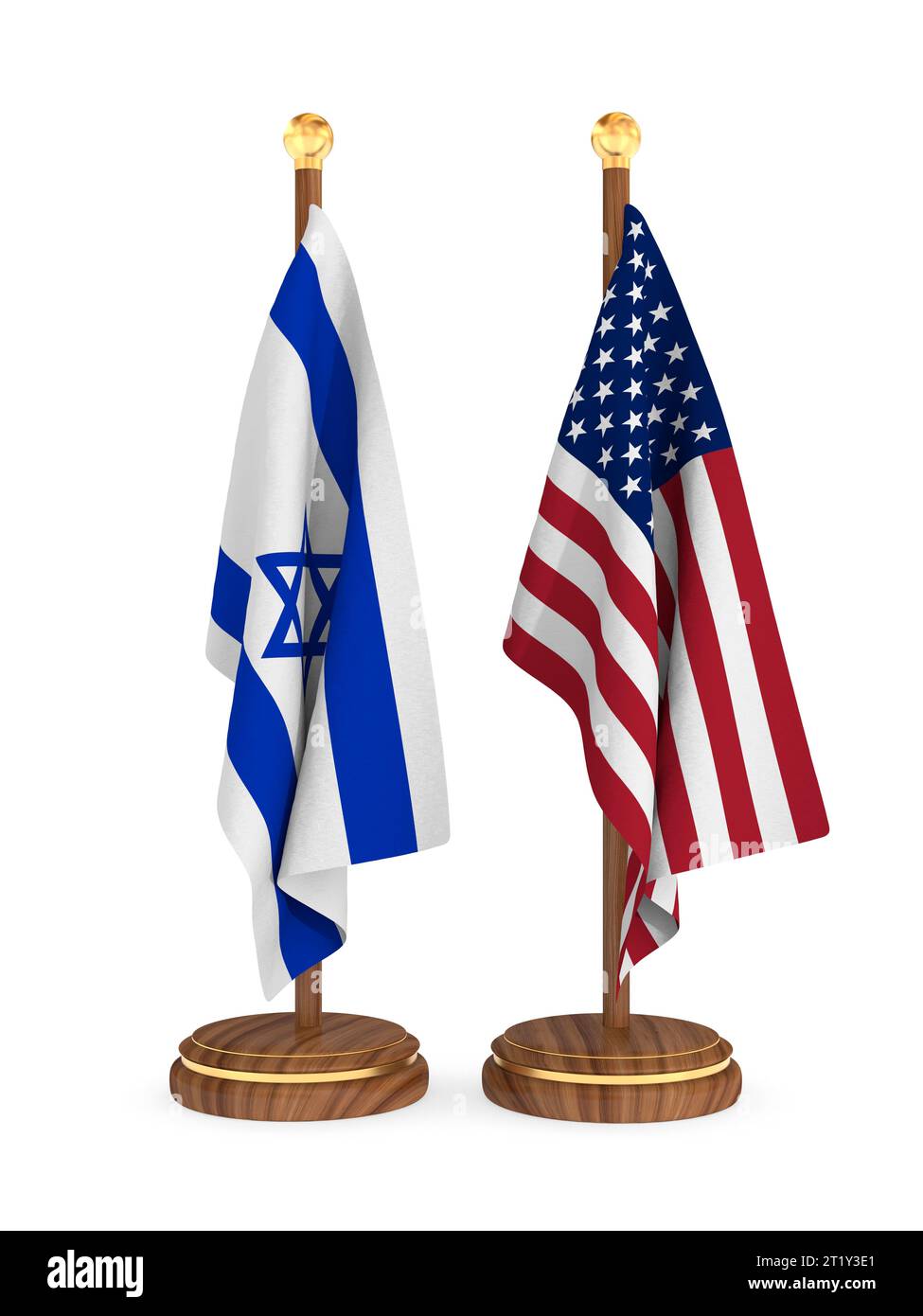 Bandiera israeliana e americana su sfondo bianco. Illustrazione 3D isolata Foto Stock