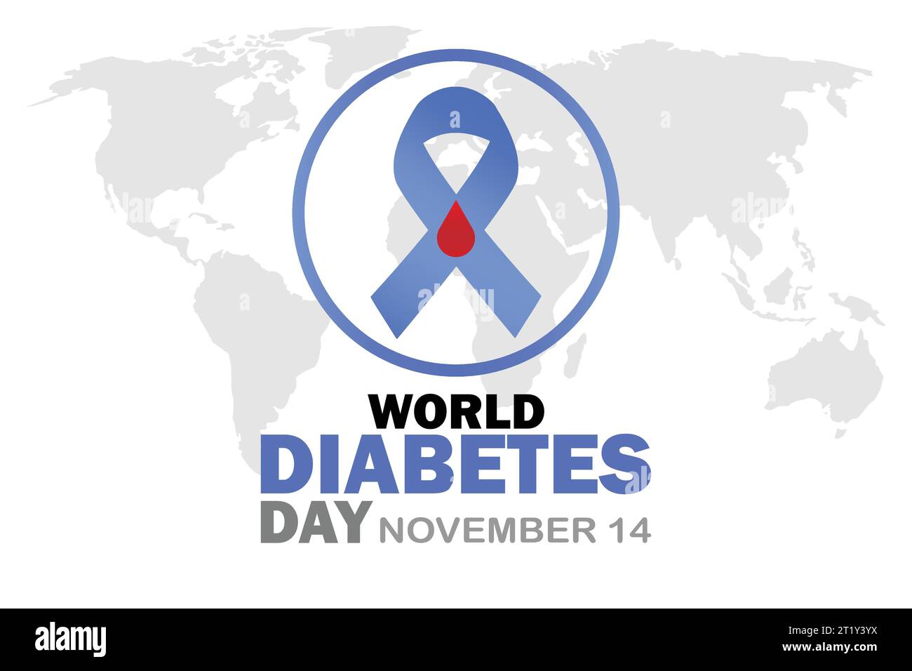 Modello vettoriale della giornata mondiale del diabete con nastro blu e mappa mondiale sullo sfondo. 14 novembre. Adatto per biglietti d'auguri, poster e striscioni. Illustrazione Vettoriale