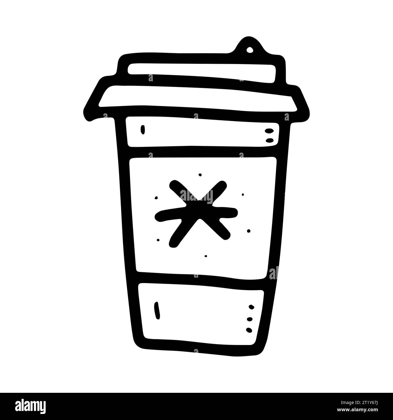 Tazza di caffè invernale Doodle To Go. Bevanda calda carina su sfondo bianco. Contorno tè, latte, cappuccino, americano, tazza da asporto con fiocco di neve, coperchio. Ve Illustrazione Vettoriale