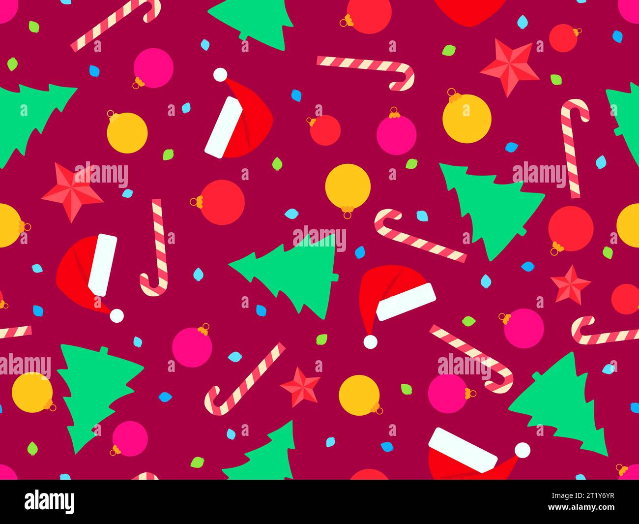 Motivo natalizio senza cuciture con cappelli di Babbo Natale, abeti, palle natalizie e lecca-lecca. Decorazioni dell'albero di Natale. Design natalizio per stampa, avvolgimento p Illustrazione Vettoriale