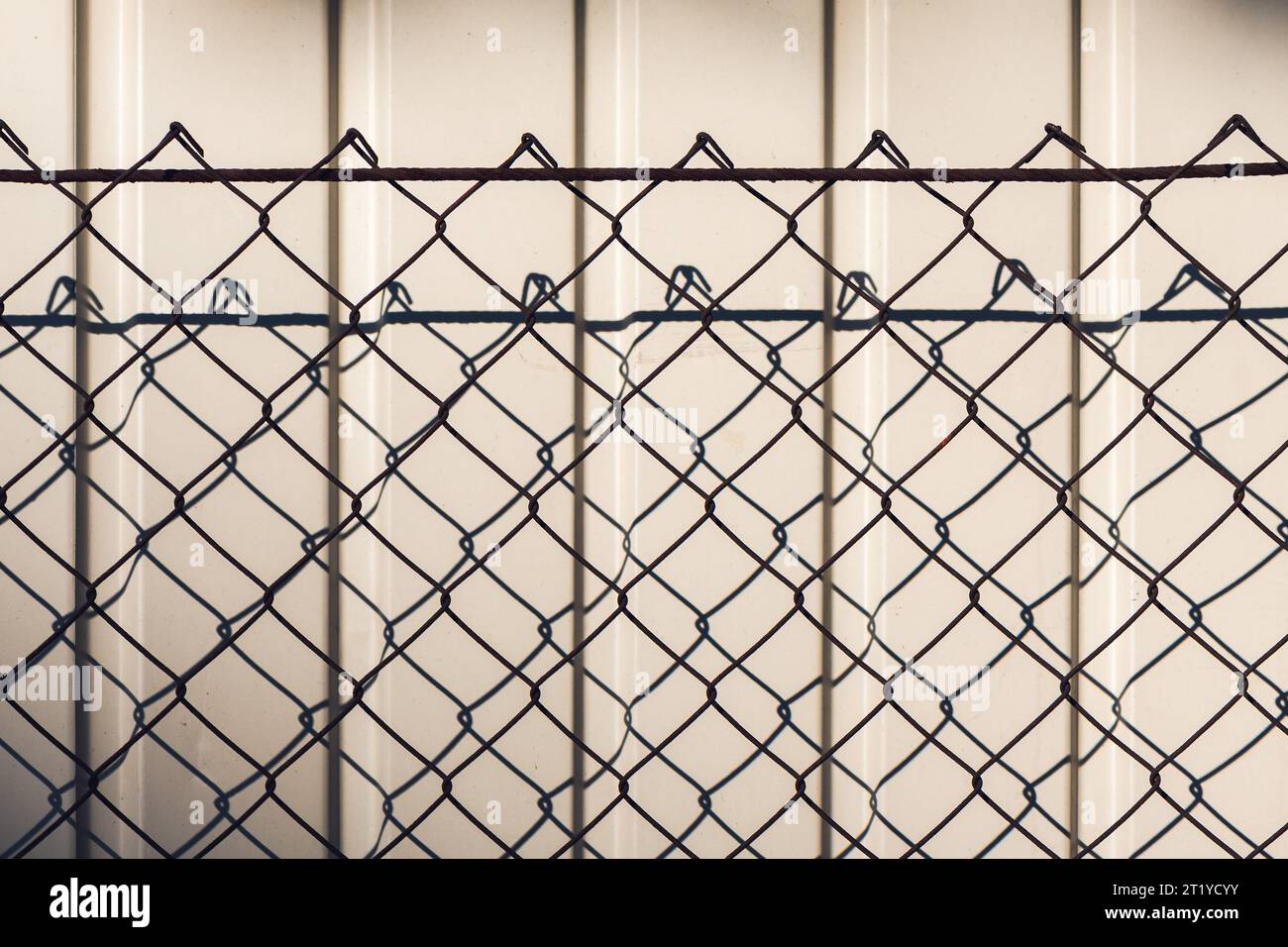 Ombreggiatura della recinzione a maglie a catena su parete bianca come sfondo astratto Foto Stock