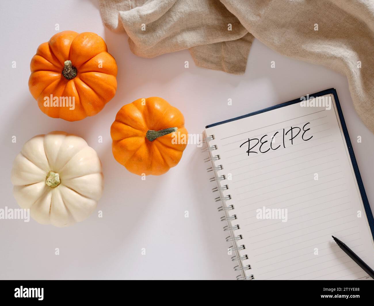 Concetto di ricette di zucca. Zucche autunnali di colore bianco e arancione su sfondo bianco con un quaderno e una penna con la parola ricetta. Vista dall'alto. Foto Stock
