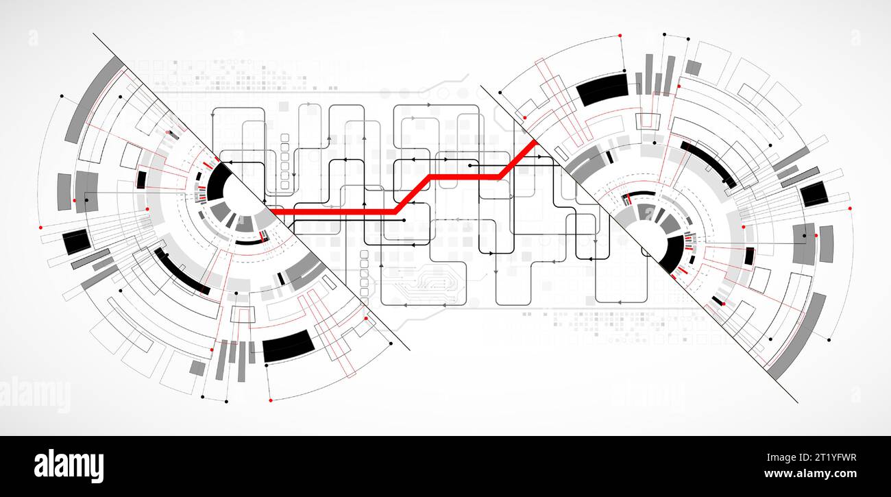Scheda a circuito stampato con tecnologia a semicerchio astratta. Concetto di comunicazione. Illustrazione Vettoriale