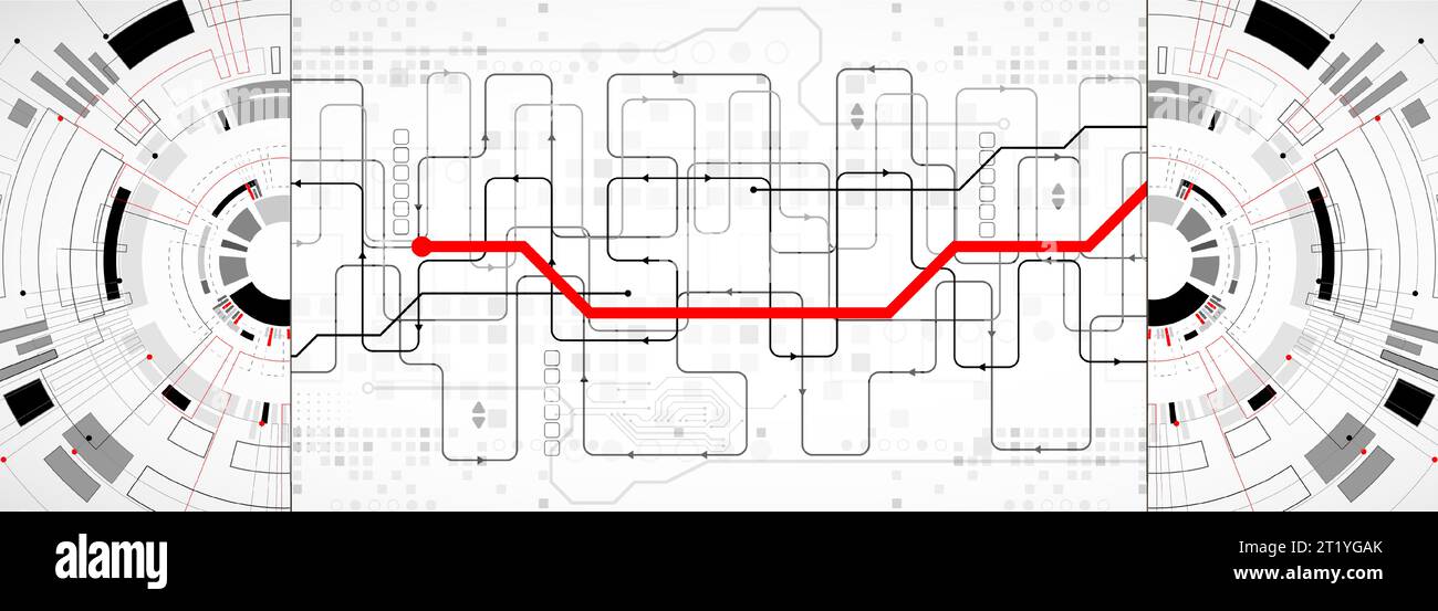 Scheda a circuito stampato con tecnologia a semicerchio astratta. Concetto di comunicazione. Illustrazione Vettoriale