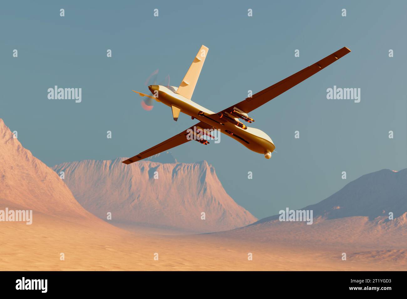 Drone predatore militare armato che vola su deserto e montagne, spiando, fornendo sorveglianza e sparando missili. La telecamera è fissa al senza pilota Foto Stock