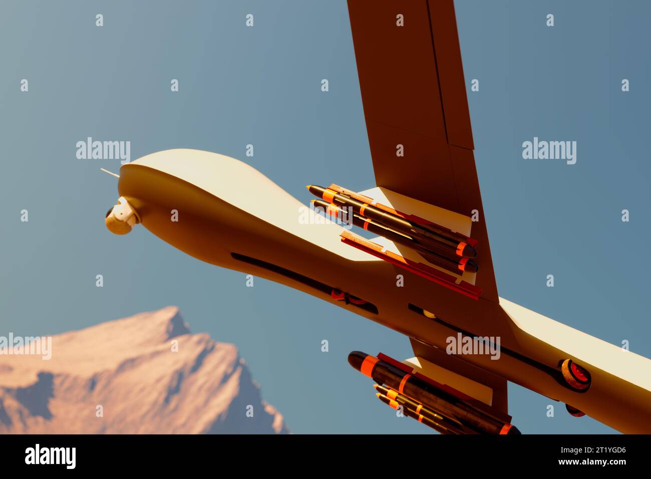Drone predatore militare armato che vola su deserto e montagne, spiando, fornendo sorveglianza e sparando missili. La telecamera è fissa al senza pilota Foto Stock