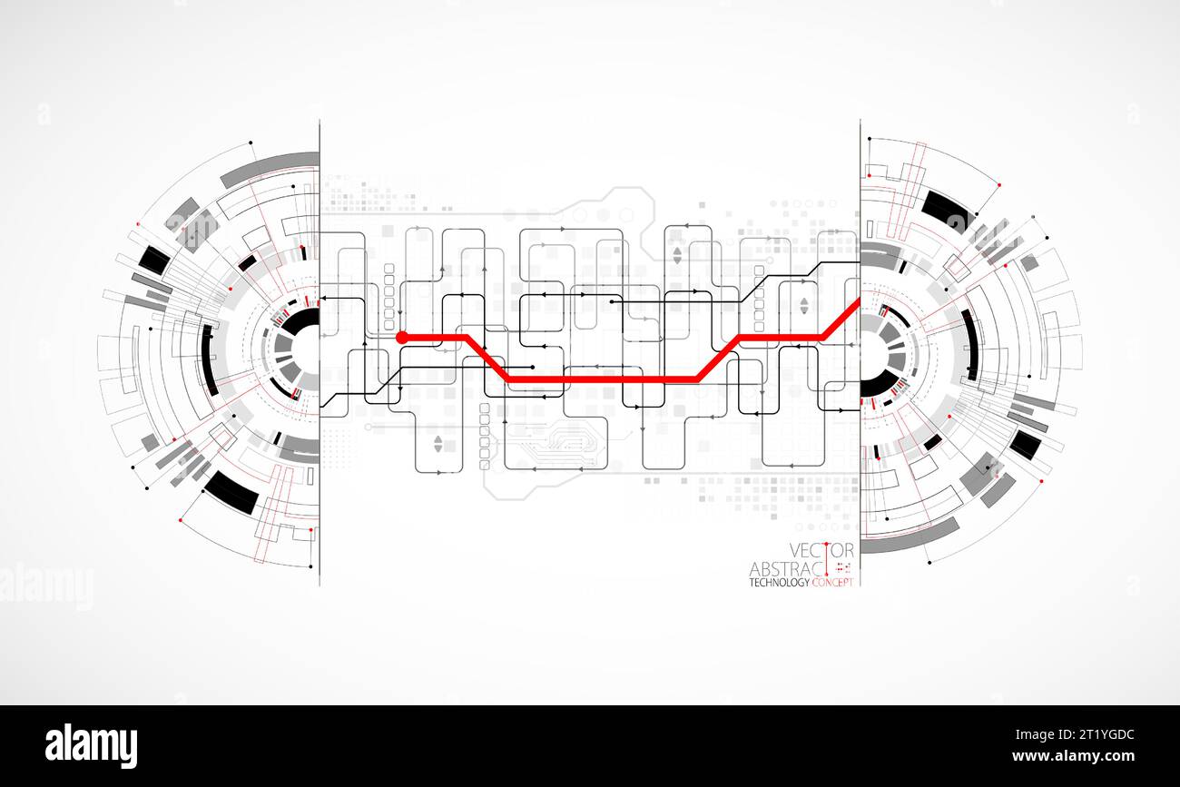 Scheda a circuito stampato con tecnologia a semicerchio astratta. Concetto di comunicazione. Illustrazione Vettoriale