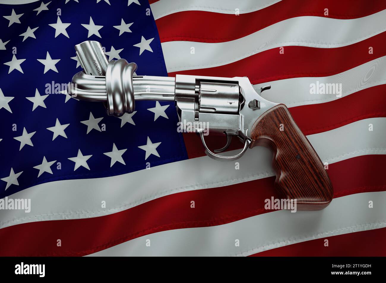Revolver con un nodo sulla canna. Pistola metallica che sventola la bandiera nazionale americana. Metafora della pace o obiezione contro gli Stati Uniti tradizionali Foto Stock