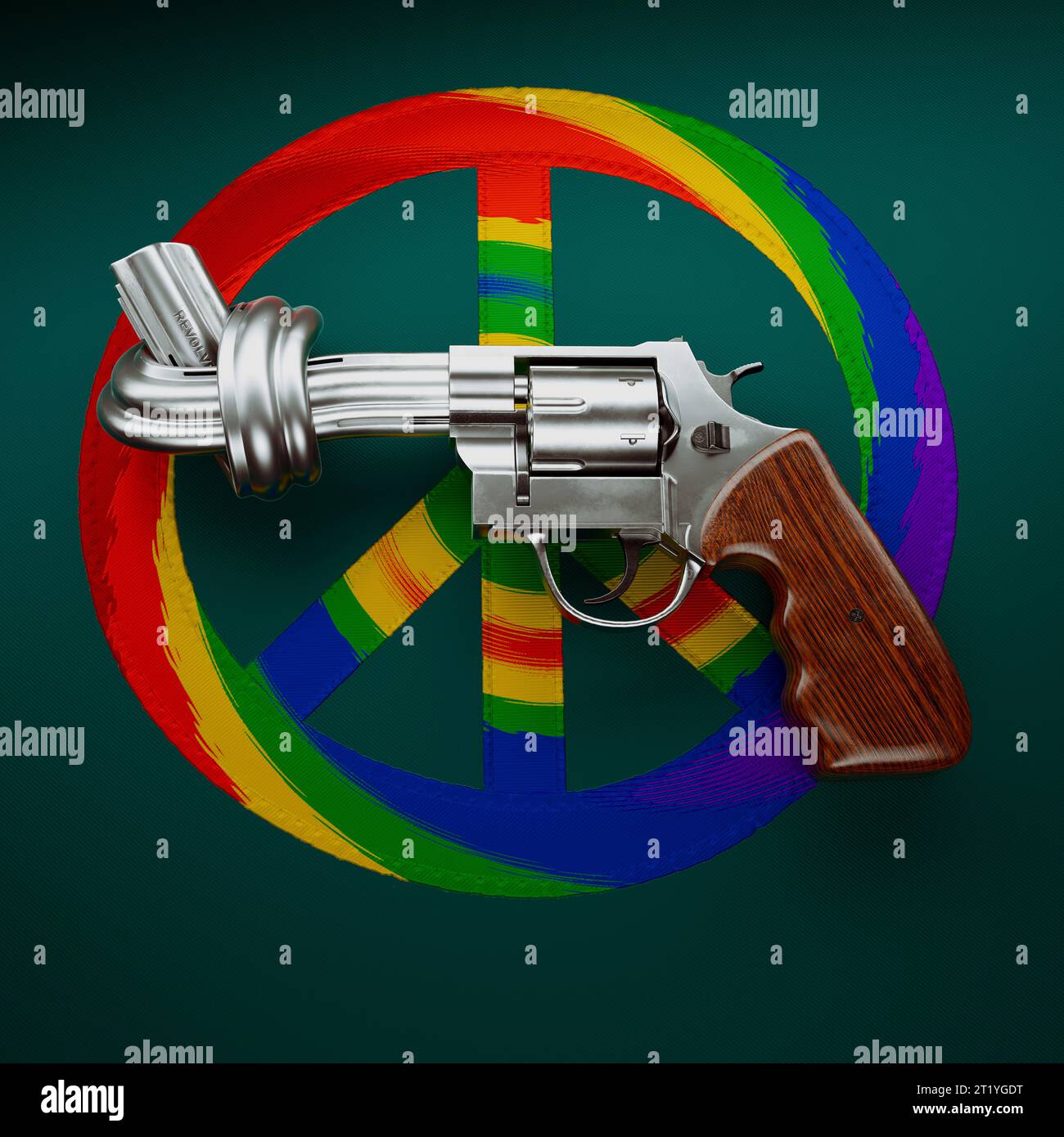 Revolver con un nodo sulla canna. Pistola metallizzata posta su tessuto verde con simbolo di pace metafora della pace o obiezione contro i diritti umani a g Foto Stock