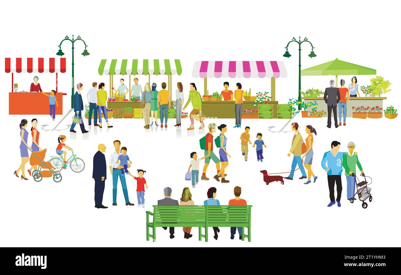 Sagoma della città con gruppi di persone in tempo libero in zona residenziale, illustrazione Illustrazione Vettoriale