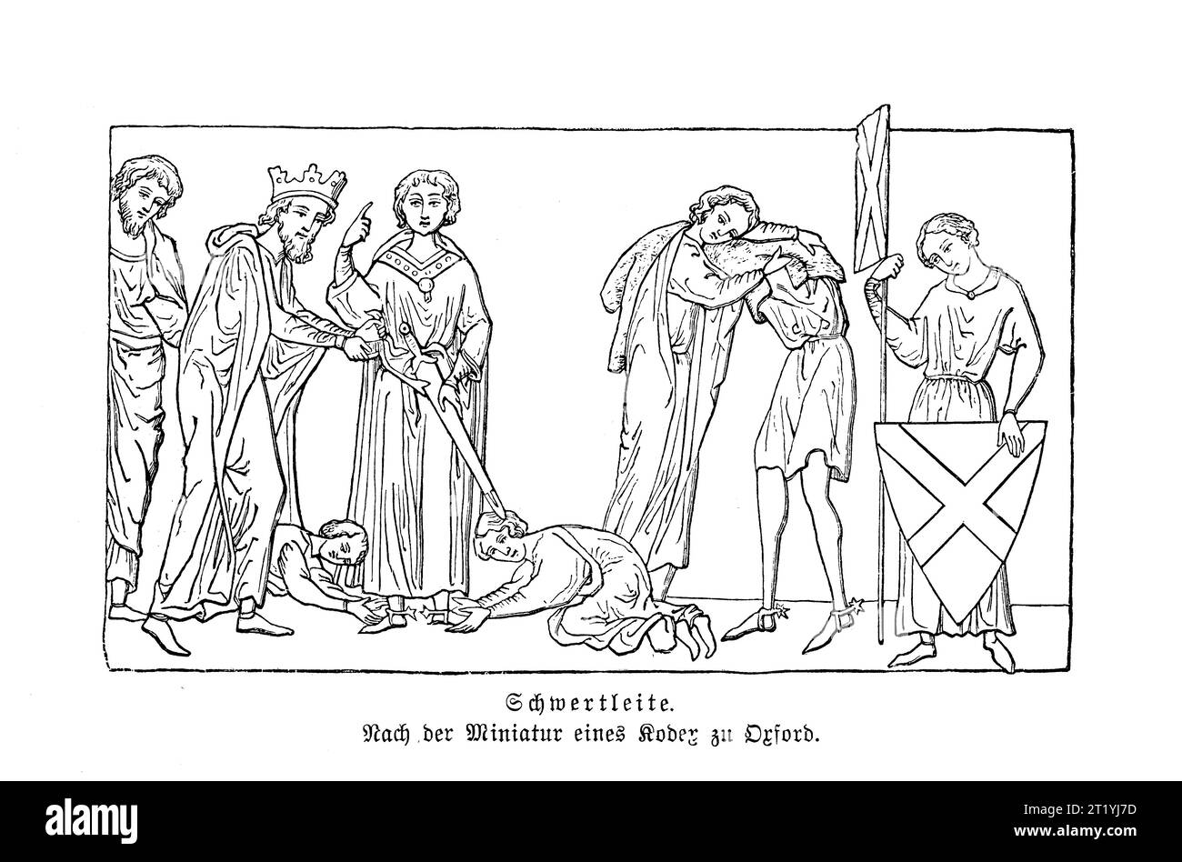 Cerimonia del cavaliere, in miniatura da un codice a Oxford di un re che presenta spada e speroni a un giovane nobile arrivo dell'età di combattimento, dal X all'XI secolo Foto Stock