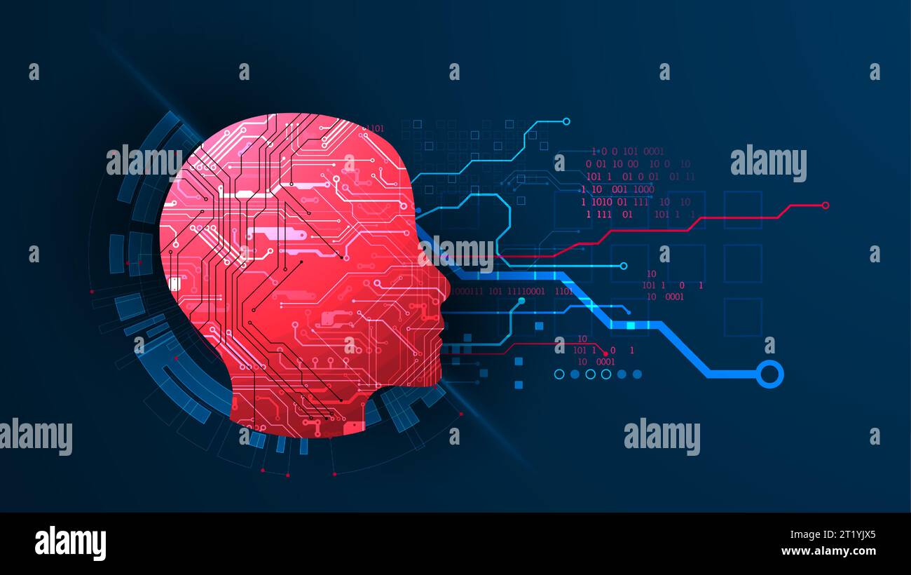 Contesto astratto sul tema dell'intelligenza artificiale. Forma della testa rossa con elementi tecnologici all'interno del contorno. Illustrazione Vettoriale