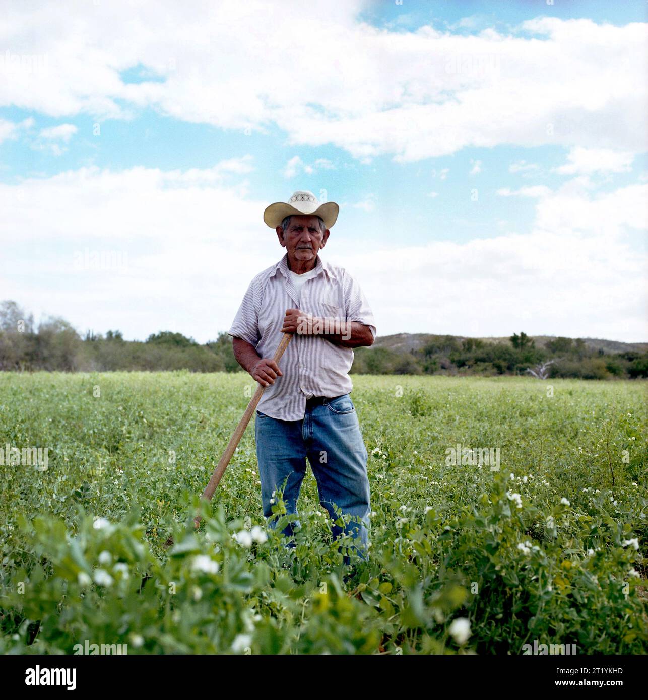 Un ritratto di un contadino in piedi in un campo che indossa un cappello da cowboy e tiene una pala. Foto Stock