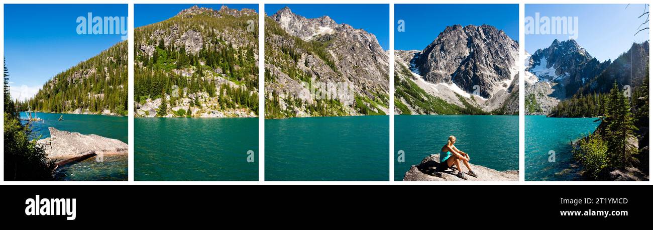 Lago Colchuck, Alpine Lakes Wilderness, Washington, USA. Un'immagine panoramica di una giovane donna gode delle acque turchesi del lago Colchuck sotto Dragontail, una montagna nell'Encha Foto Stock
