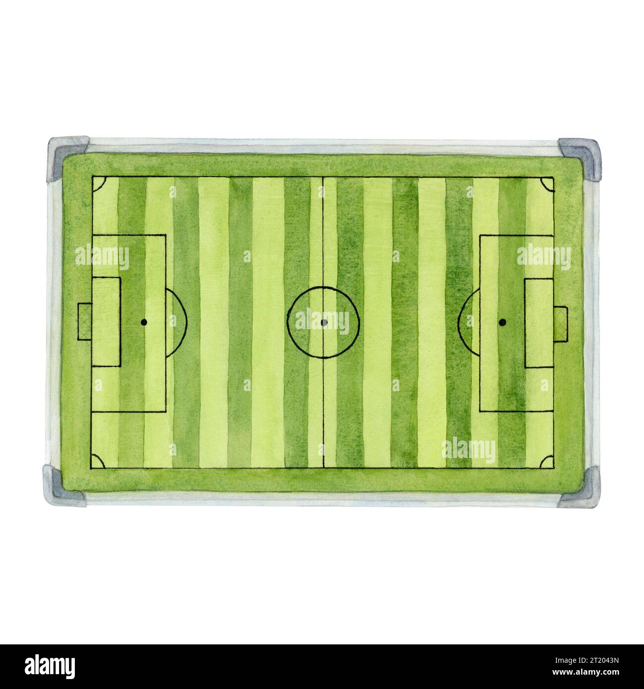 Disegno ad acquerello del campo da calcio di colore verde chiaro e scuro. Dipinta a fondo Scillfully con dettagli isolati su sfondo bianco. Per sfondi, logo, striscioni Foto Stock