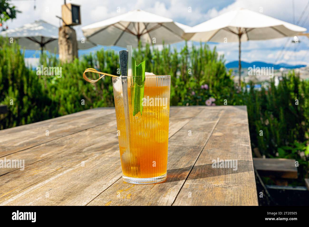 Tè fresco fatto in casa con ghiaccio Lychee con foglie di panda servito su un tavolo di legno all'aperto. bevanda estiva a base di frutta fresca nel pomeriggio soleggiato con giardino verde alle spalle Foto Stock