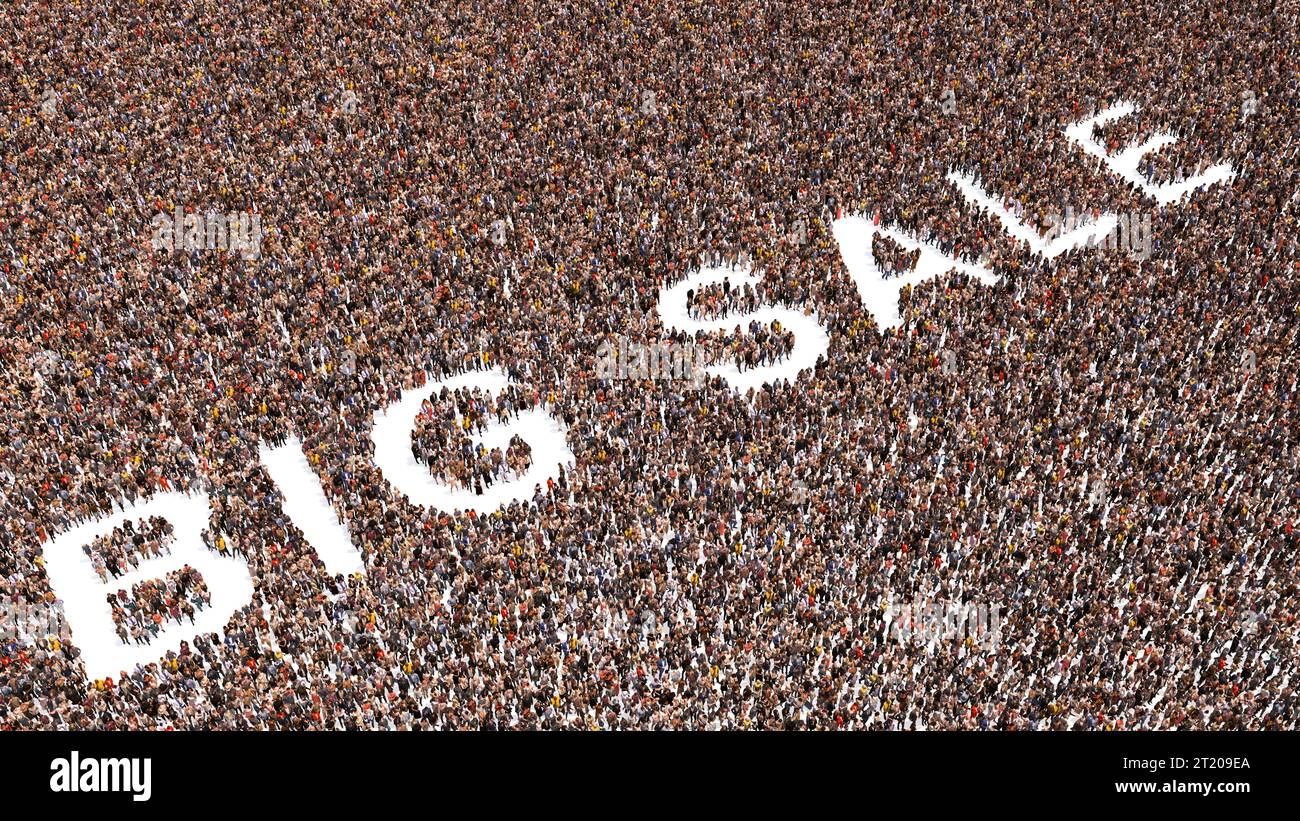 Concetto o grande comunità concettuale di persone che formano UNO slogan DI VENDITA GRANDE. 3d metafora dell'illustrazione per il marketing, la promozione, lo shopping, il prezzo speciale Foto Stock