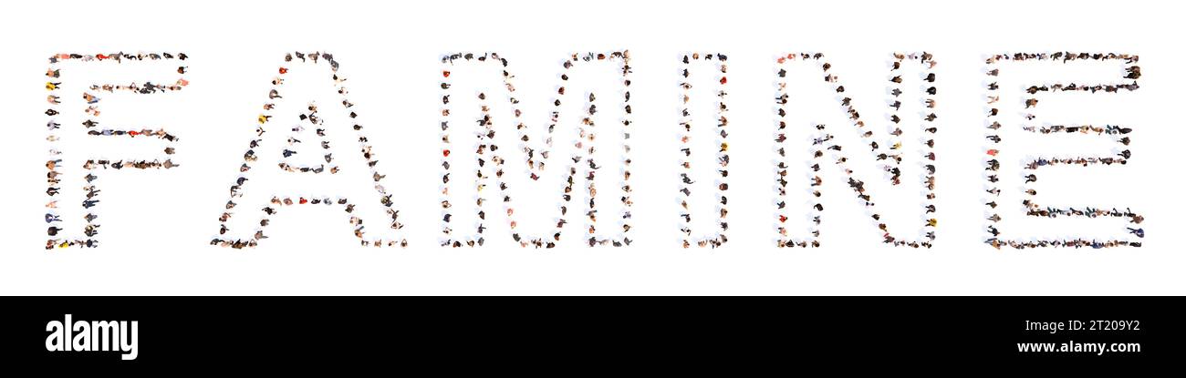 Concetto concettuale grande comunità di persone che formano la parola CARESTIA 3D illustrazione metafora per la fame, la carenza di approvvigionamento di cereali, la siccità, l'acqua Foto Stock