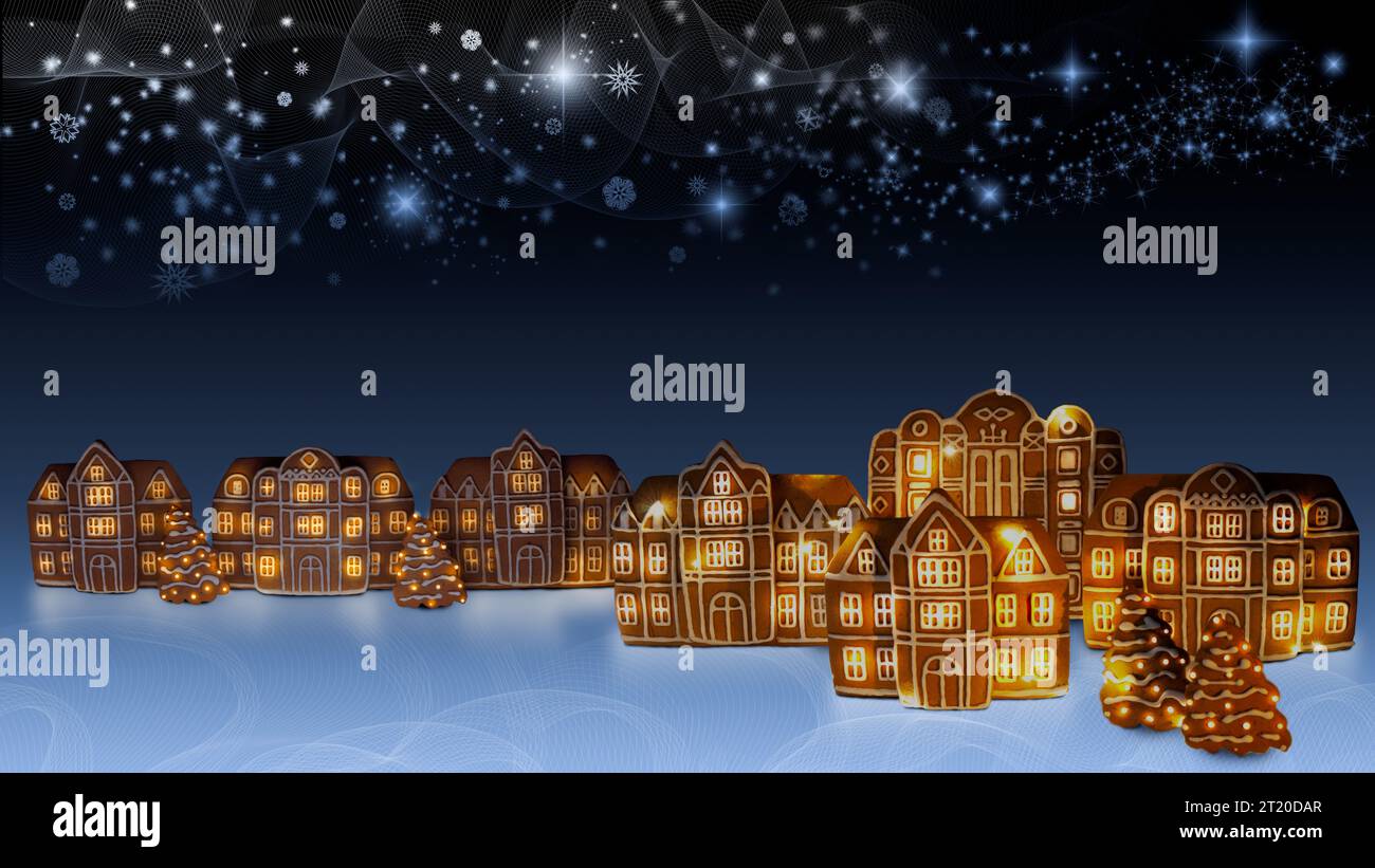Concetto astratto di Natale e Capodanno con decorazioni natalizie, neve, fiocchi di neve e stelle su sfondo blu delicato Foto Stock