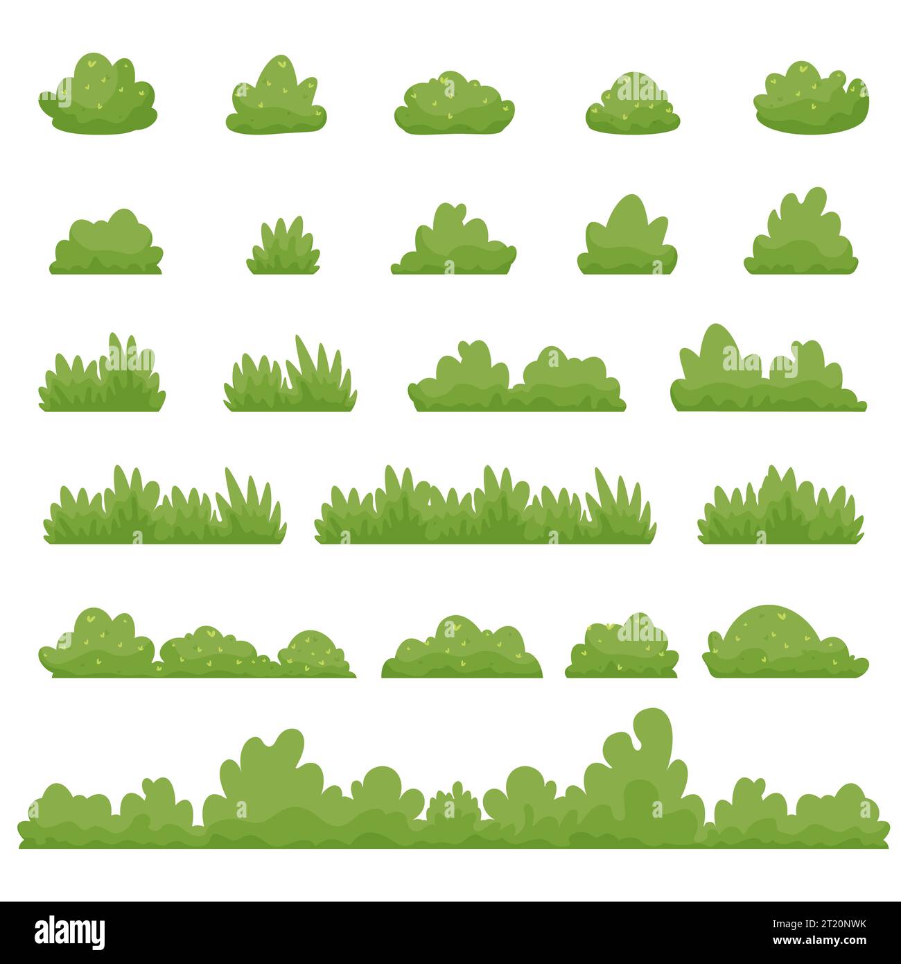 Cartoni animati di arbusti e piante verdi cespugliose. Set di piante di parco di diverse forme. Illustrazione di cartoni animati vettoriali piatta isolata su bianco Illustrazione Vettoriale