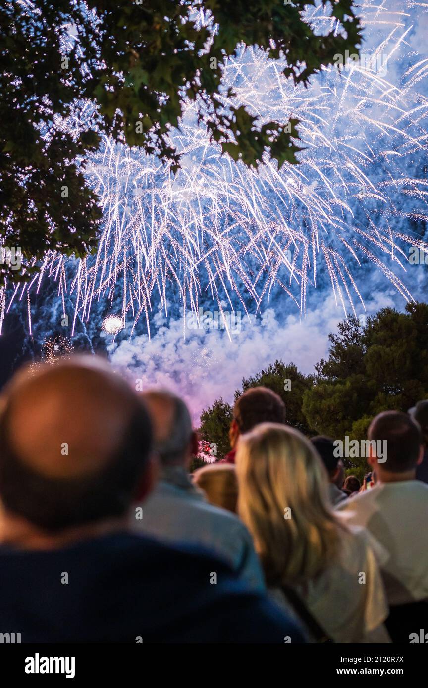 I fuochi d'artificio danno il tocco finale alle feste del Pilar di Saragozza, in Spagna Foto Stock