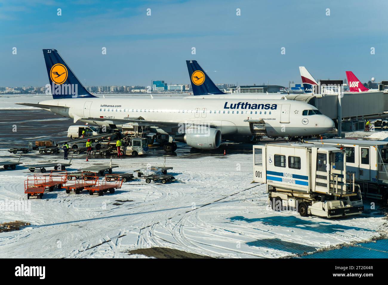 Aeroporto di Sofia, Bulgaria, gennaio 27 2014, aerei Lufthansa allineati ai cancelli nella neve invernale dell'aeroporto di Sofia Foto Stock