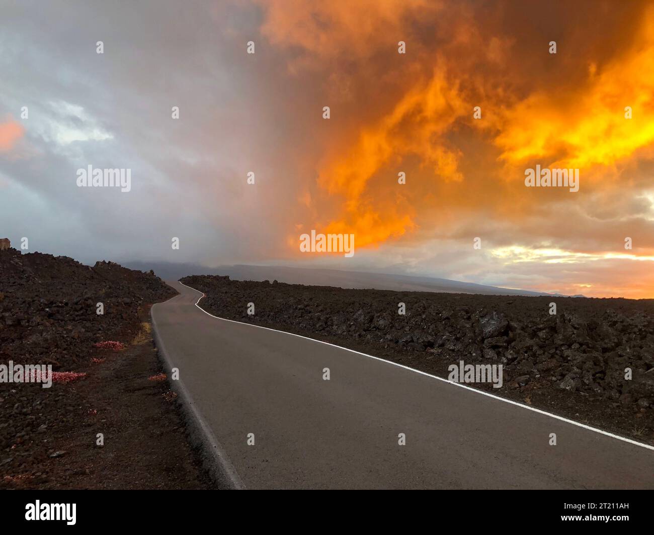 Un tramonto mozzafiato su una strada di campagna isolata, senza un'altra anima in vista Foto Stock