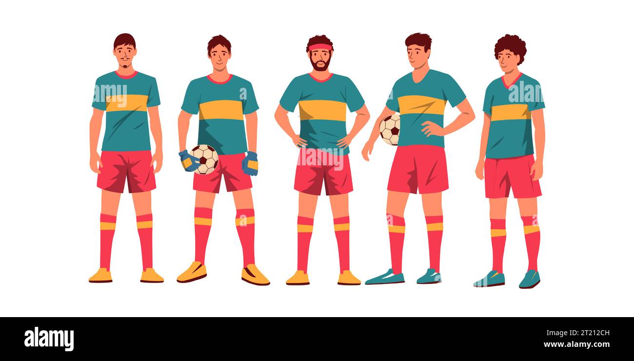 Giocatori della squadra di calcio. Personaggi maschili dei cartoni animati in uniforme, gruppo di ragazzi attivi in abiti sportivi. Raccolta vettoriale Illustrazione Vettoriale
