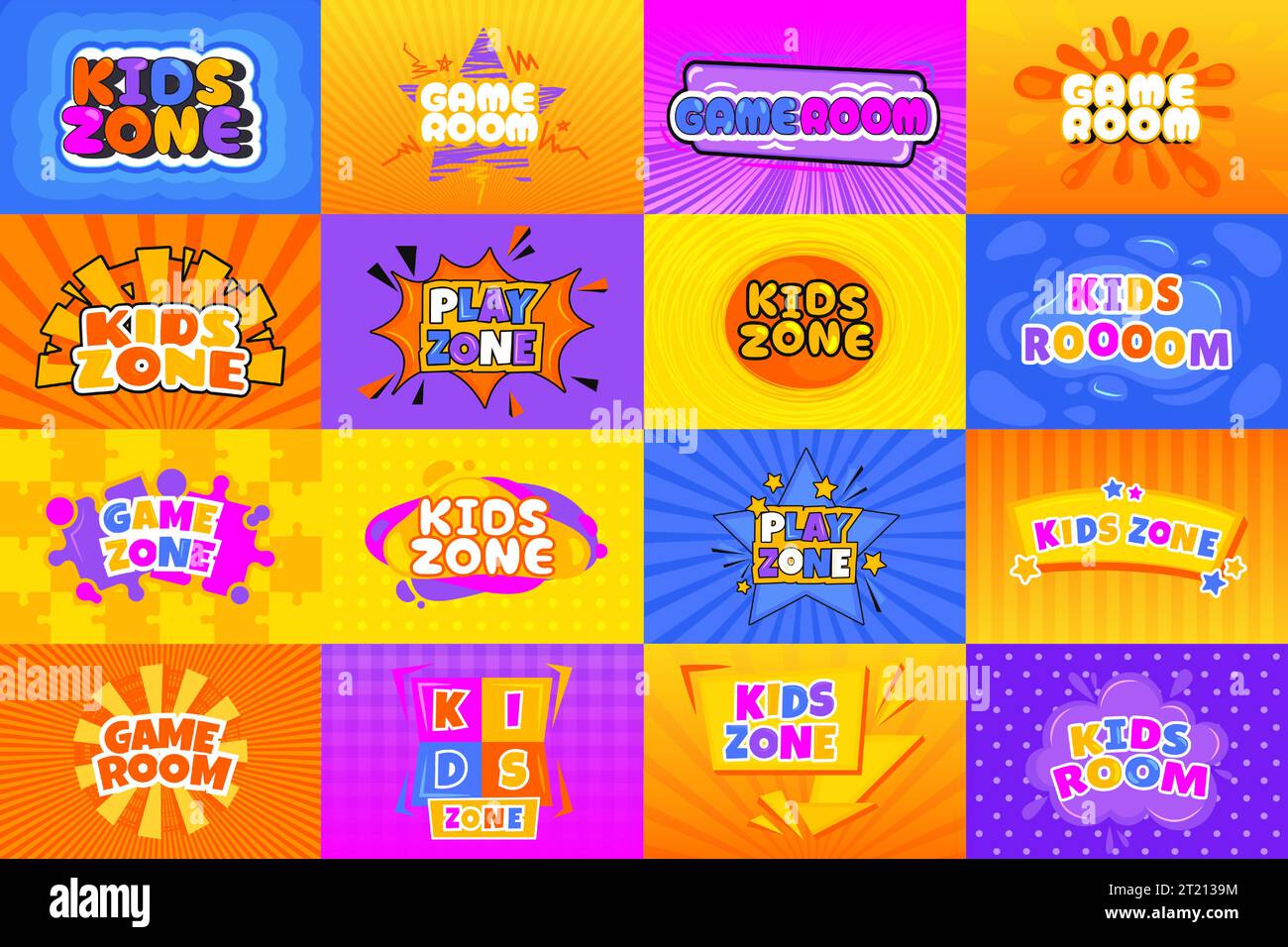Banner della sala giochi per bambini. Etichetta colorata con zone per bambini, concetto di zona per bambini, concetto di educazione infantile. Illustrazione vettoriale Illustrazione Vettoriale