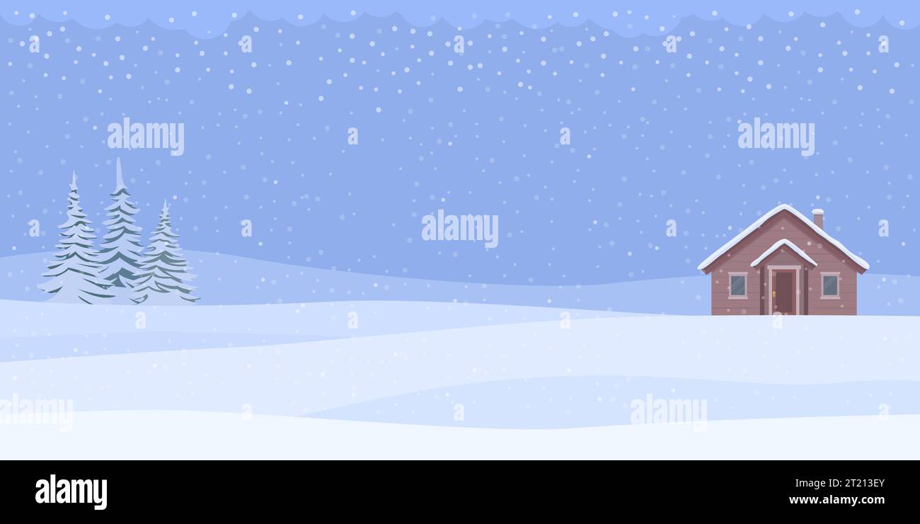 Sfondo invernale e natalizio con neve che cade, alberi e casa in legno, spazio fotocopie Illustrazione Vettoriale