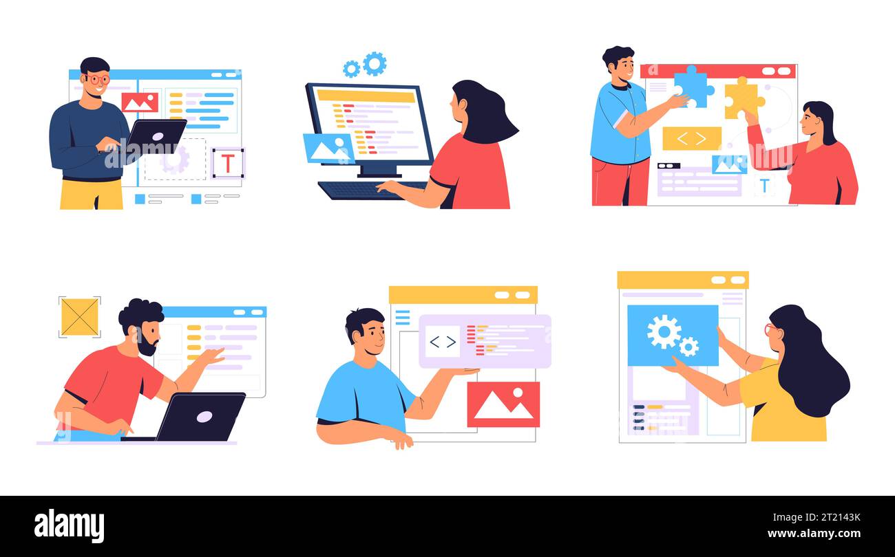 Sviluppo Web creazione di pagine Web mobili, sviluppatori di software Illustrazione Vettoriale