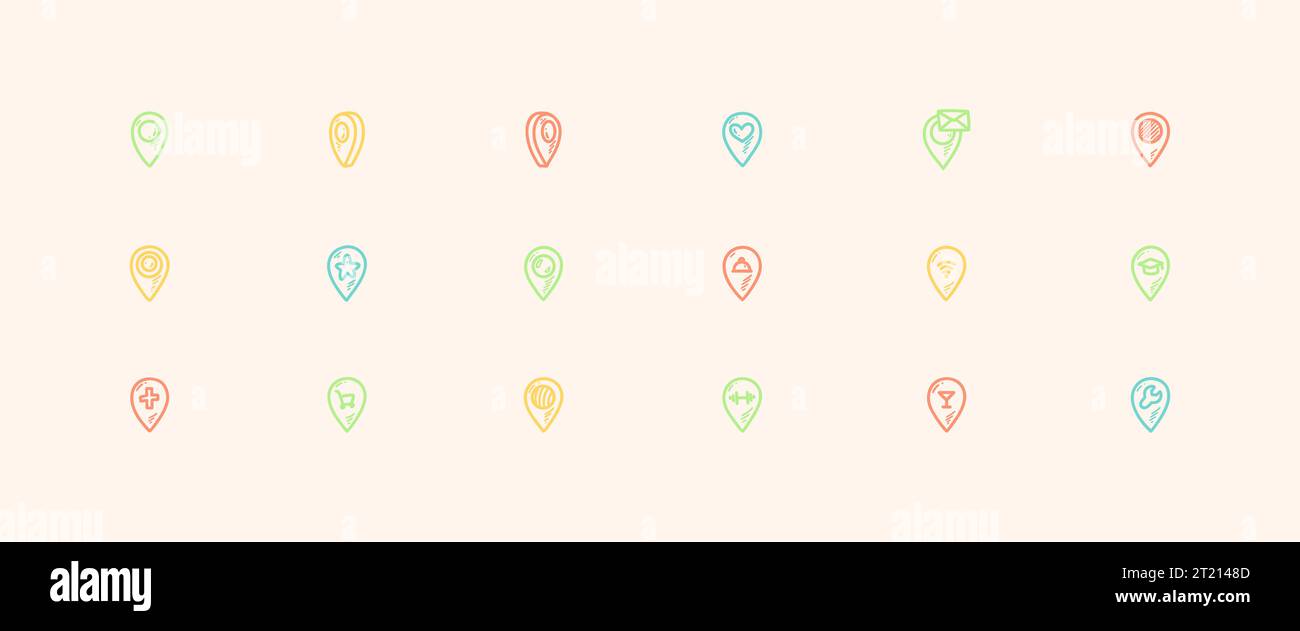 Set di icone per la posizione della mappa scarabocchi con linee carine. Illustrazione vettoriale in stile di schizzo giapponese graffiti. WIFI, ufficio postale, ristorante, consegna a domicilio, palestra, university Illustrazione Vettoriale