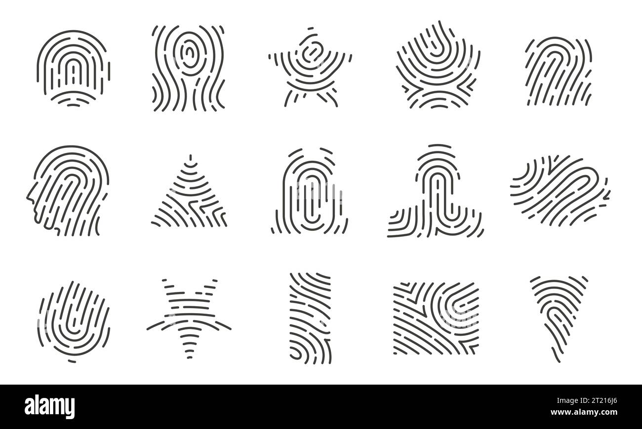 Forme delle impronte digitali. Icone minimalistiche di impronte digitali circolari, scansione di impronte digitali del volto e iride, carta d'identità e protezione di sicurezza. Insieme isolato dal vettore Illustrazione Vettoriale